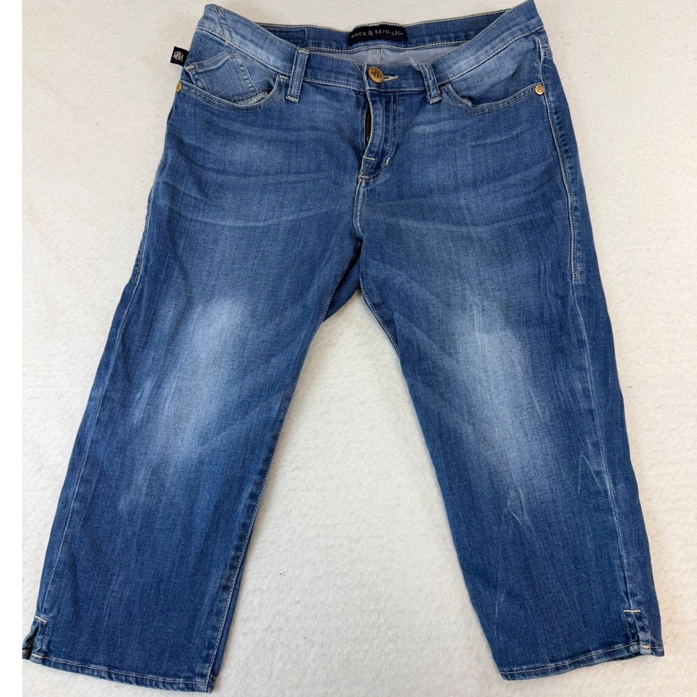 Rock & Republic Roskilde Women Blue Denim Capri Jeans Size 12 R210253 Med. Wash